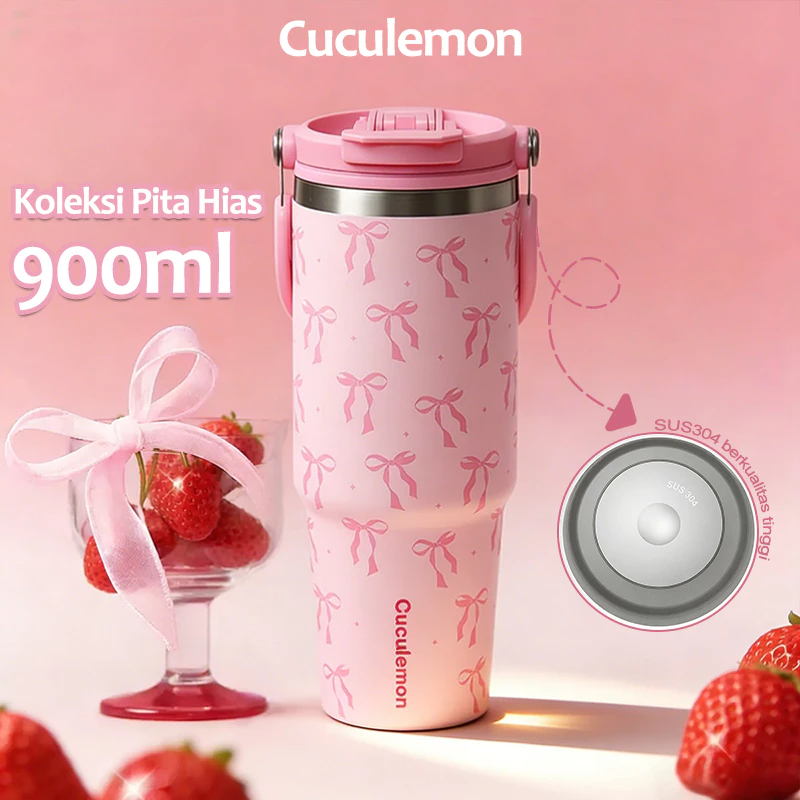 Cuculemon Tumbler 900ML Motif Aesthetic Kupu Kupu Pita Tahan Panas Dingin Stainless Steel 304 Vakum Insulated Dua Mode Minum