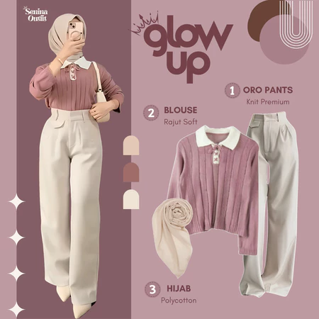 One Set 3 in 1 Korean Style ( Blouse Rajut - Oro Pants - Jilbab ) Setelan Wanita Kekinian - SO63